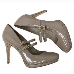 CALVIN KLEIN  Faux patent leather Taupe Double Buckle Mary Jane Pump Heels 6.5/7